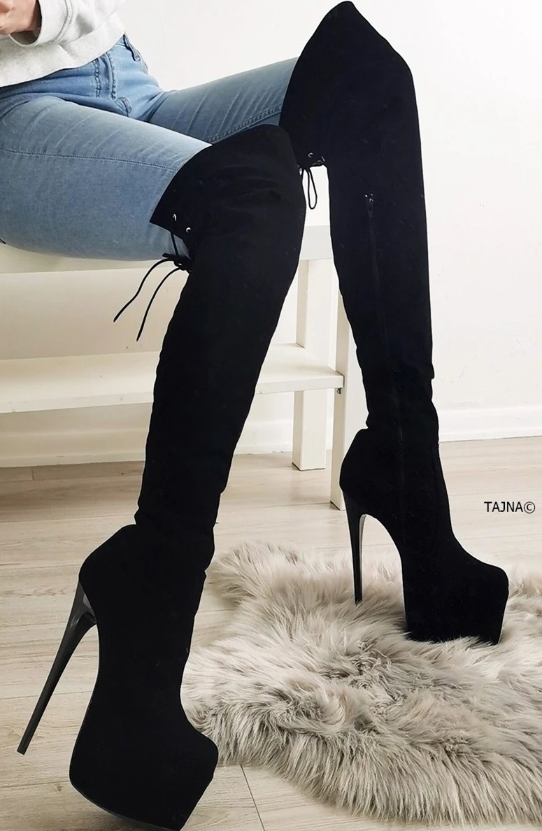 Black Suede Over Knees High Heel Boots - Tajna Club