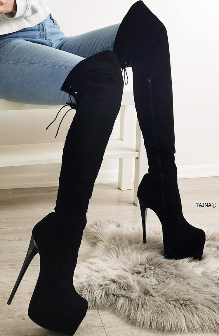 Black Suede Over Knees High Heel Boots - Tajna Club