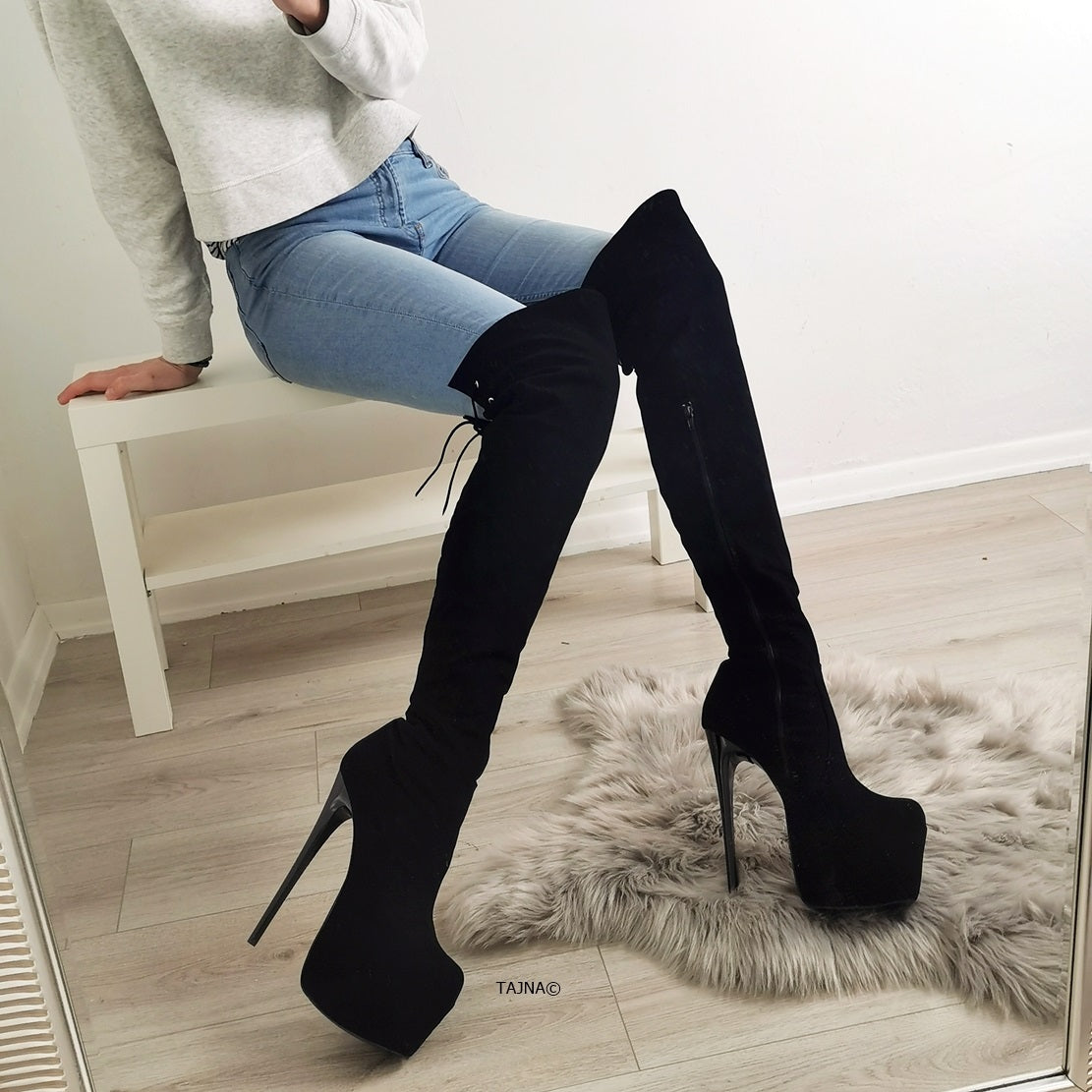 Black Suede Over Knees High Heel Boots - Tajna Club