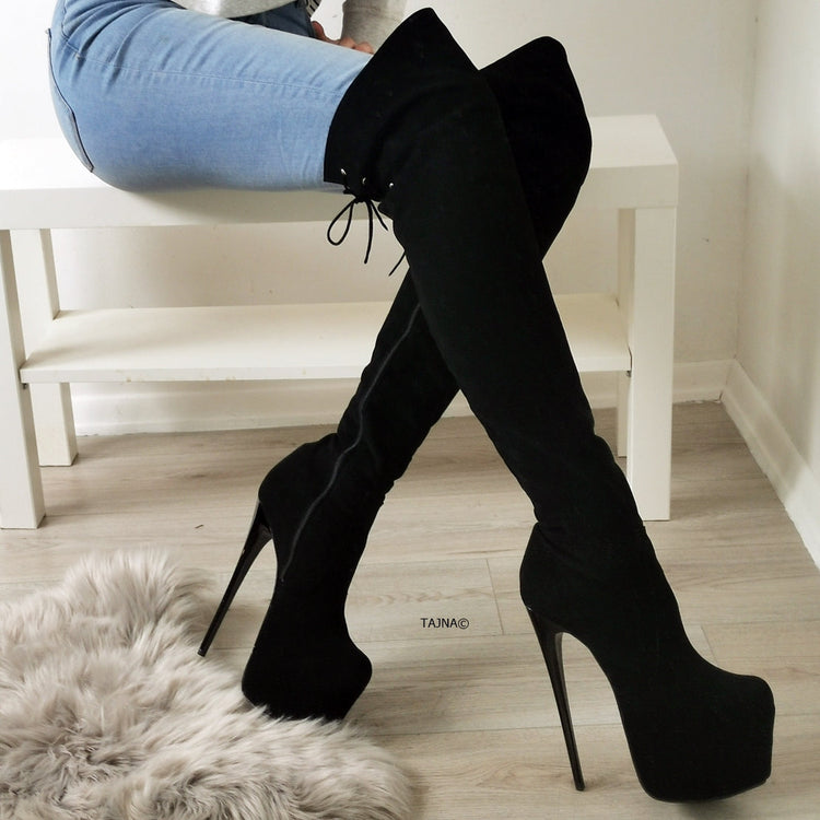 Black Suede Over Knees High Heel Boots - Tajna Club