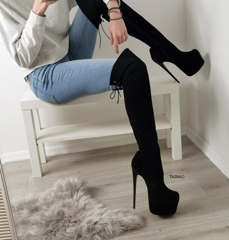 Black Suede Over Knees High Heel Boots - Tajna Club