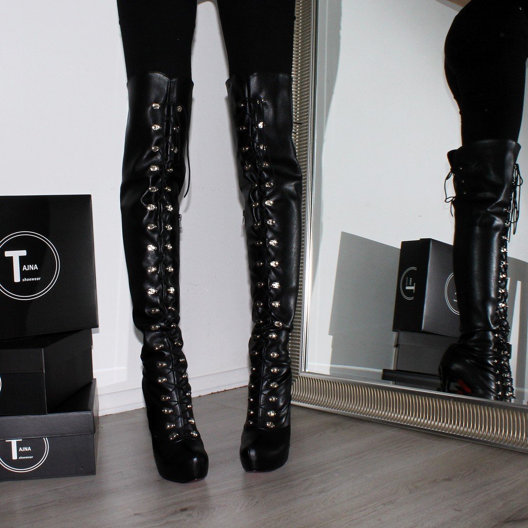 Lace Up Black High Heel Platform Knee High Boots - Tajna Club