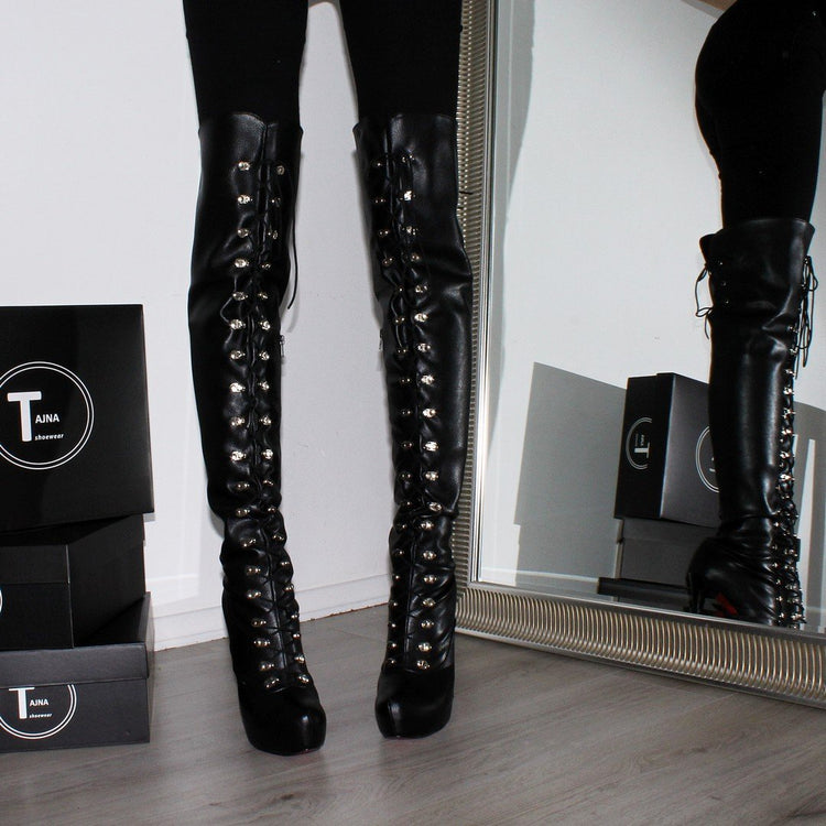 Lace Up Black High Heel Platform Knee High Boots - Tajna Club