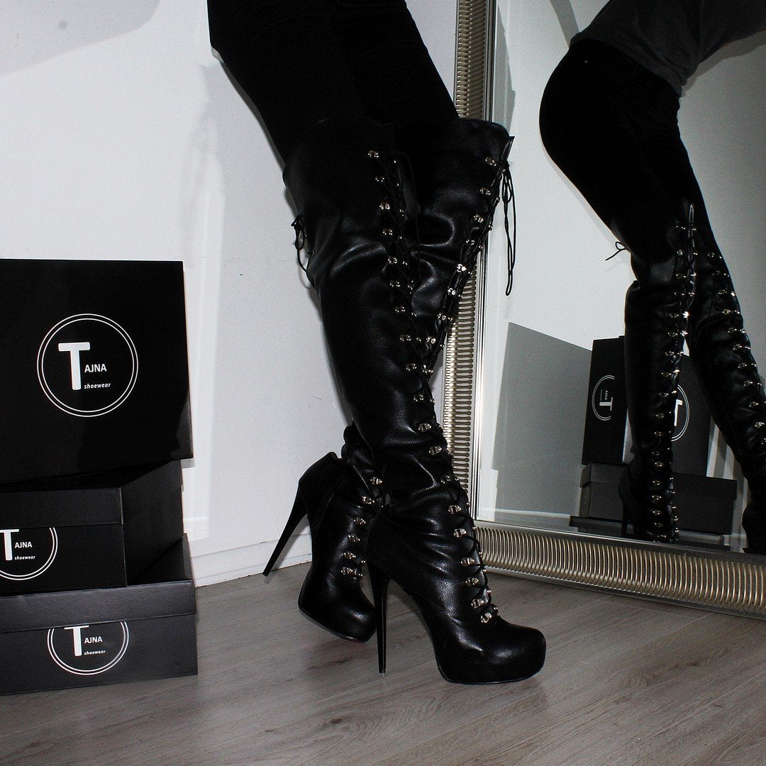 Lace Up Black High Heel Platform Knee High Boots - Tajna Club