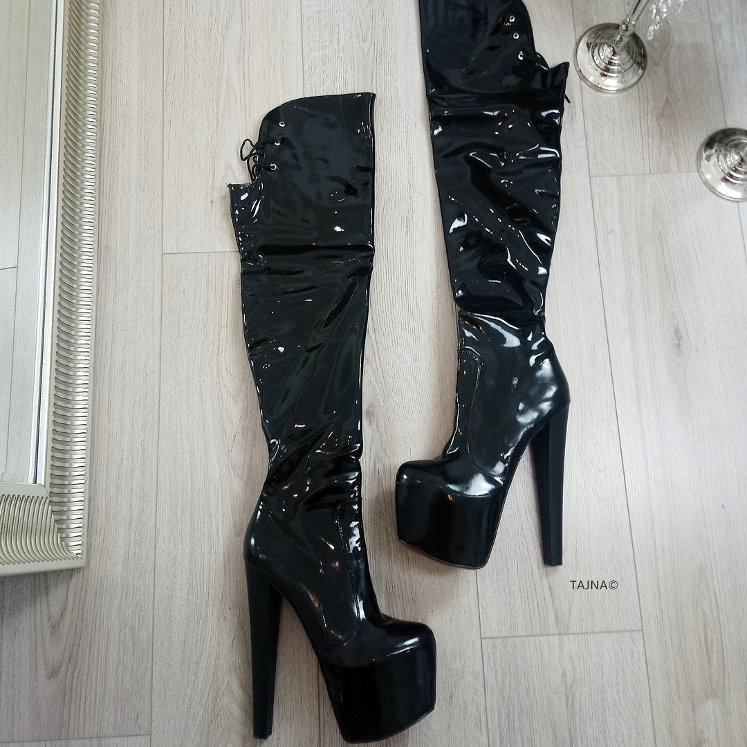 Black Patent Over Knee Platform Boots - Tajna Club