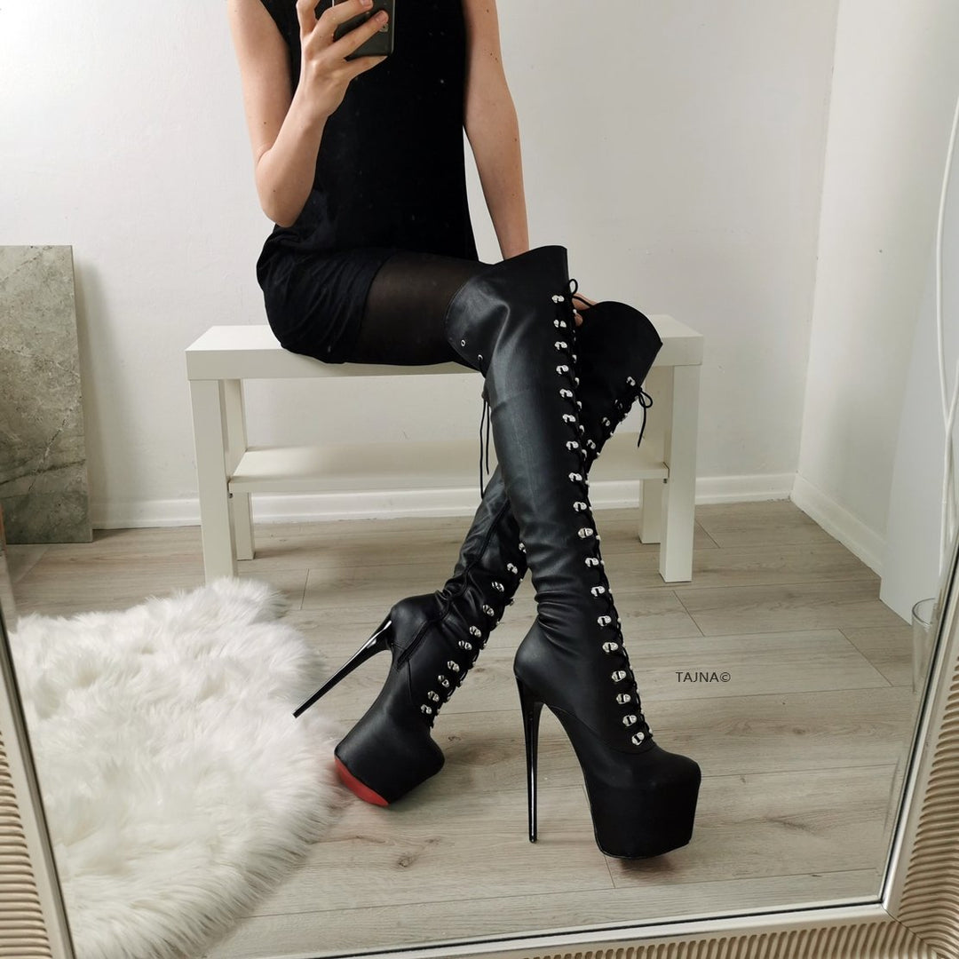 Black Matte Military Lace Up Knee High Boots - Tajna Club