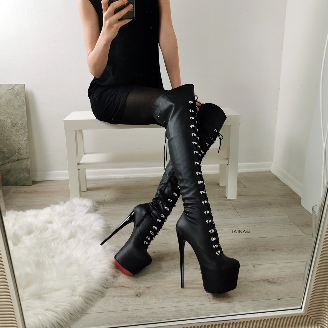 Black Matte Military Lace Up Knee High Boots - Tajna Club