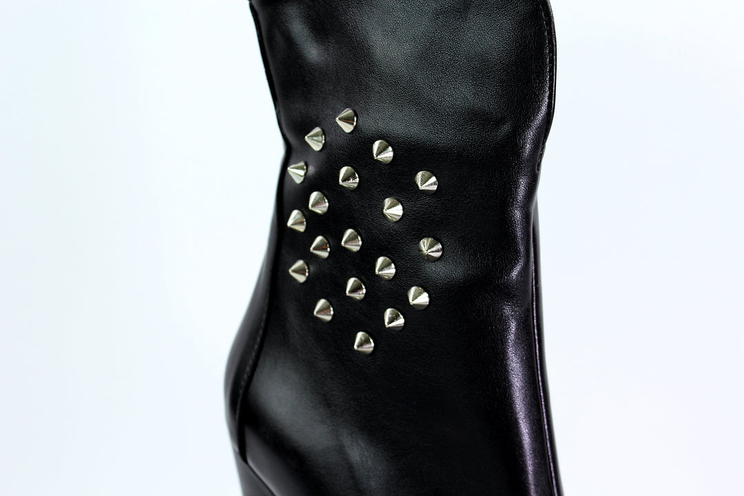 Spike Stud Black Chunky Heel Boots - Tajna Club