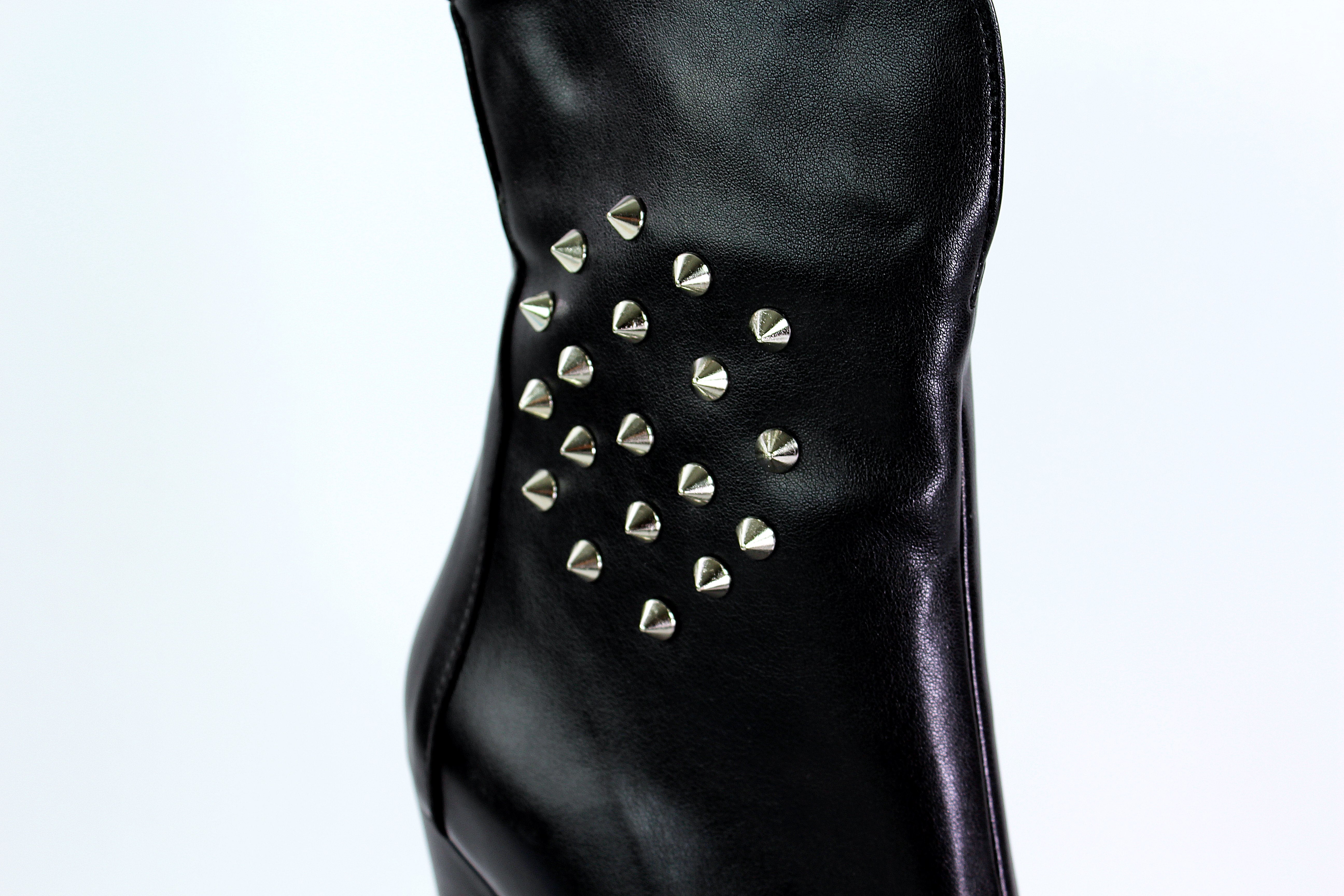 Spike Stud Black Chunky Heel Boots - Tajna Club