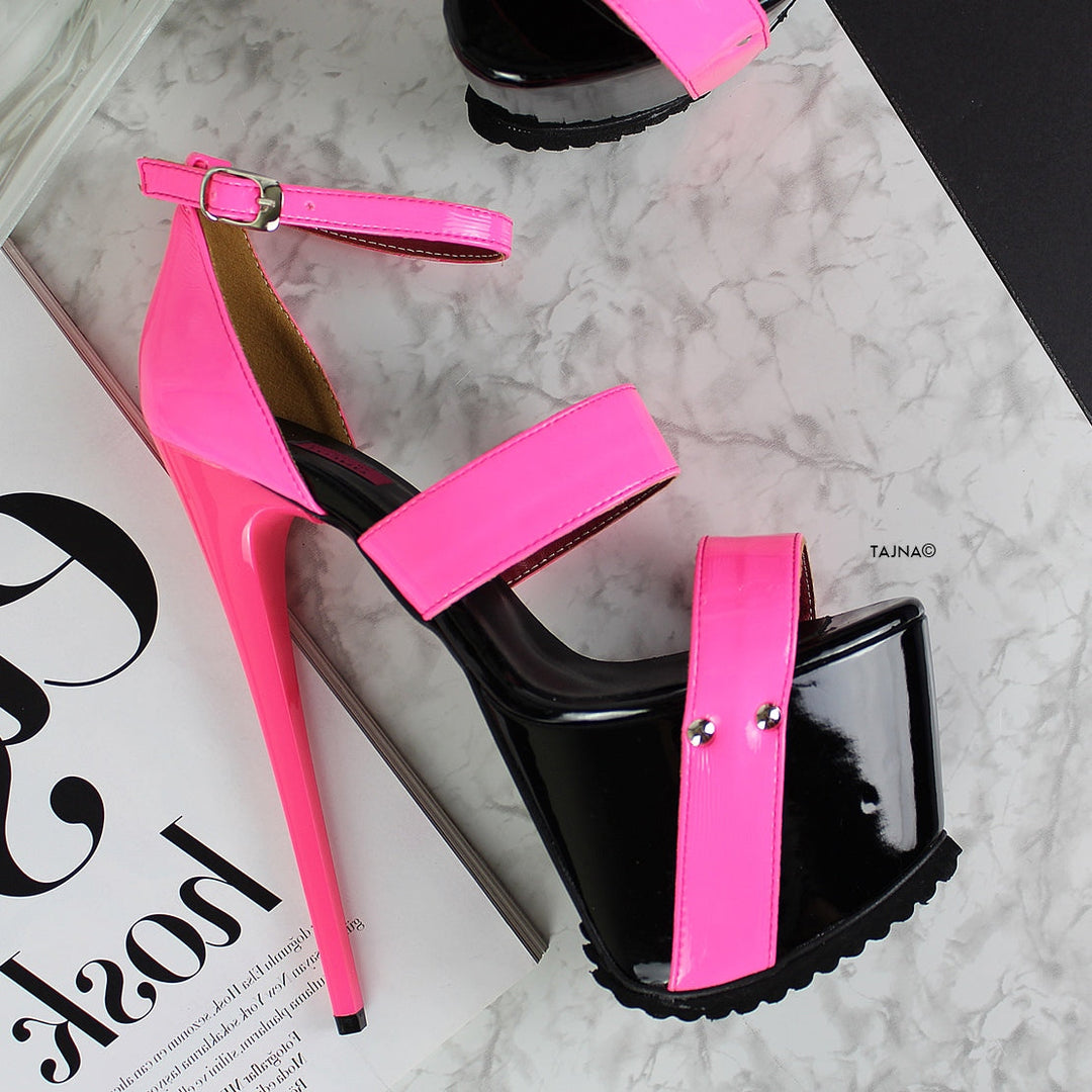 Neon Pink Black Gloss Serrated Sole Heels - Tajna Club