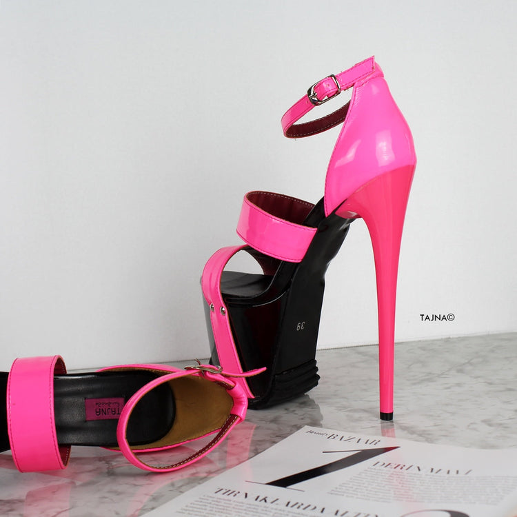Neon Pink Black Gloss Serrated Sole Heels - Tajna Club