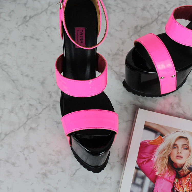 Neon Pink Black Gloss Serrated Sole Heels - Tajna Club