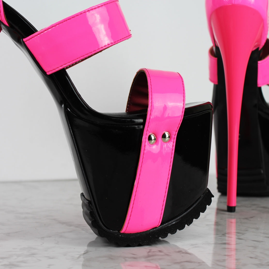 Neon Pink Black Gloss Serrated Sole Heels - Tajna Club