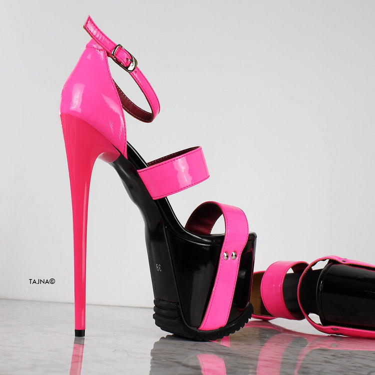 Neon Pink Black Gloss Serrated Sole Heels - Tajna Club