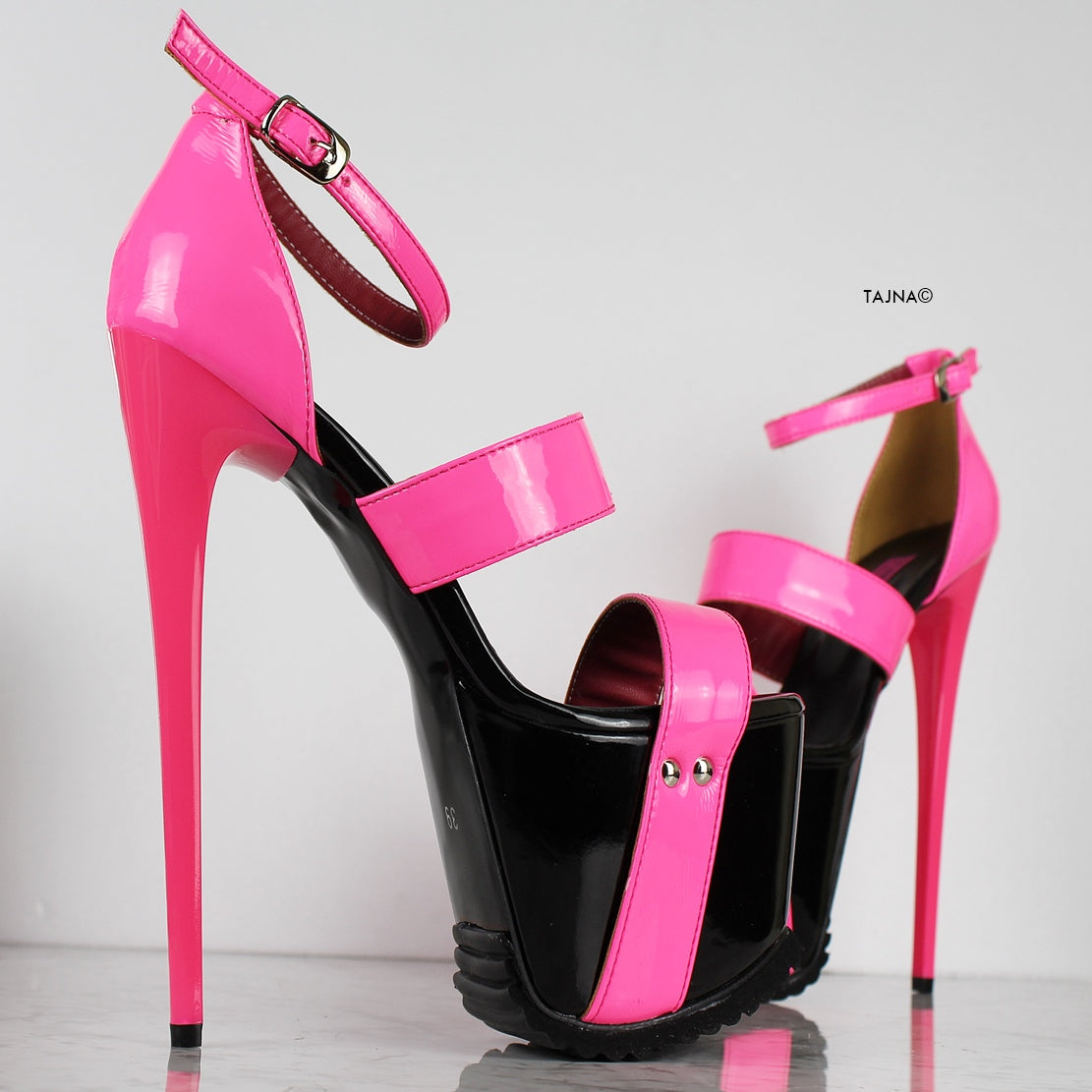 Neon Pink Black Gloss Serrated Sole Heels - Tajna Club