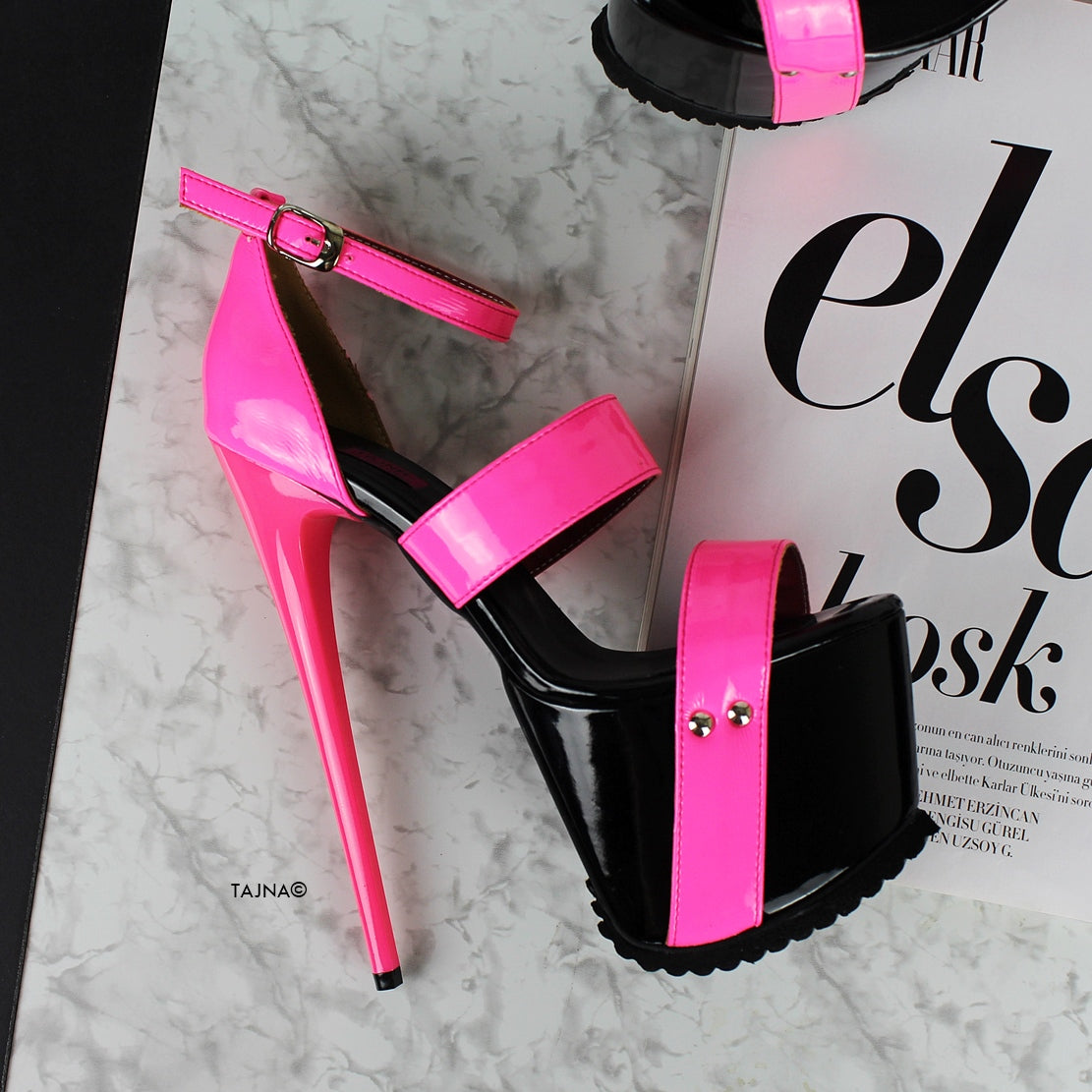 Neon Pink Black Gloss Serrated Sole Heels - Tajna Club