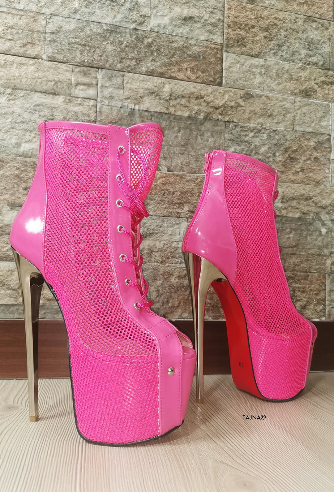 Pink Lace Up Fishnet Booties - Tajna Club