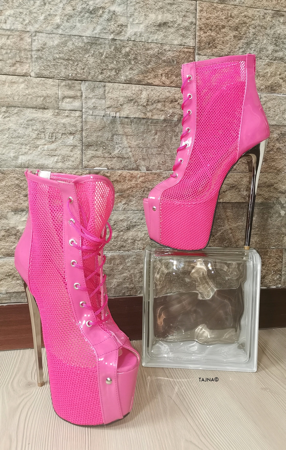 Pink Lace Up Fishnet Booties - Tajna Club
