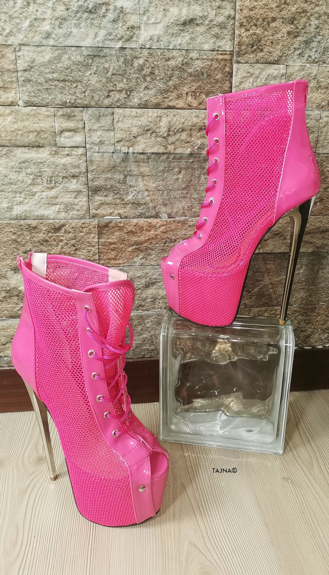 Pink Lace Up Fishnet Booties - Tajna Club