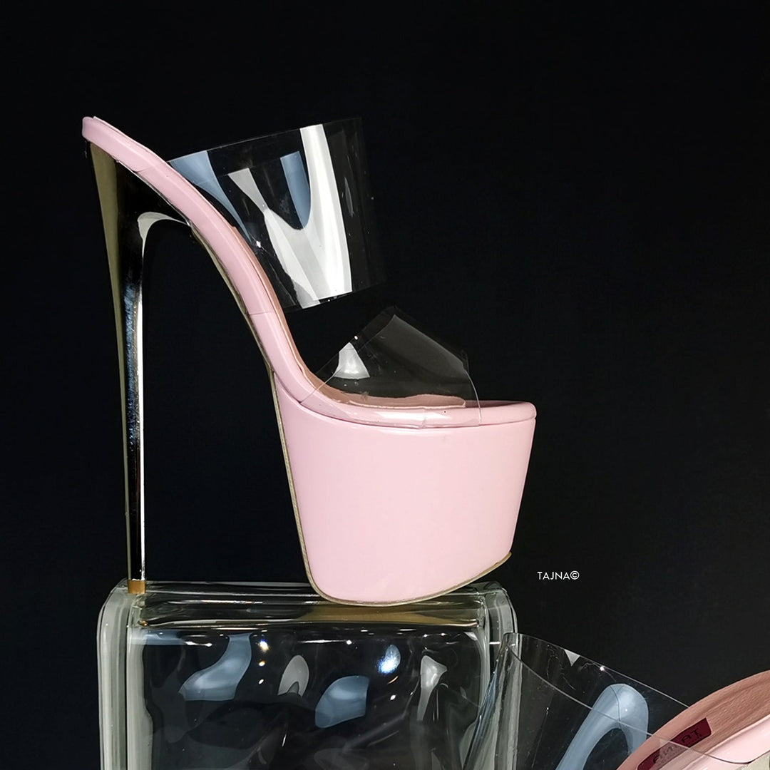 Pink Transparent Strap High Heel Mules - Tajna Club