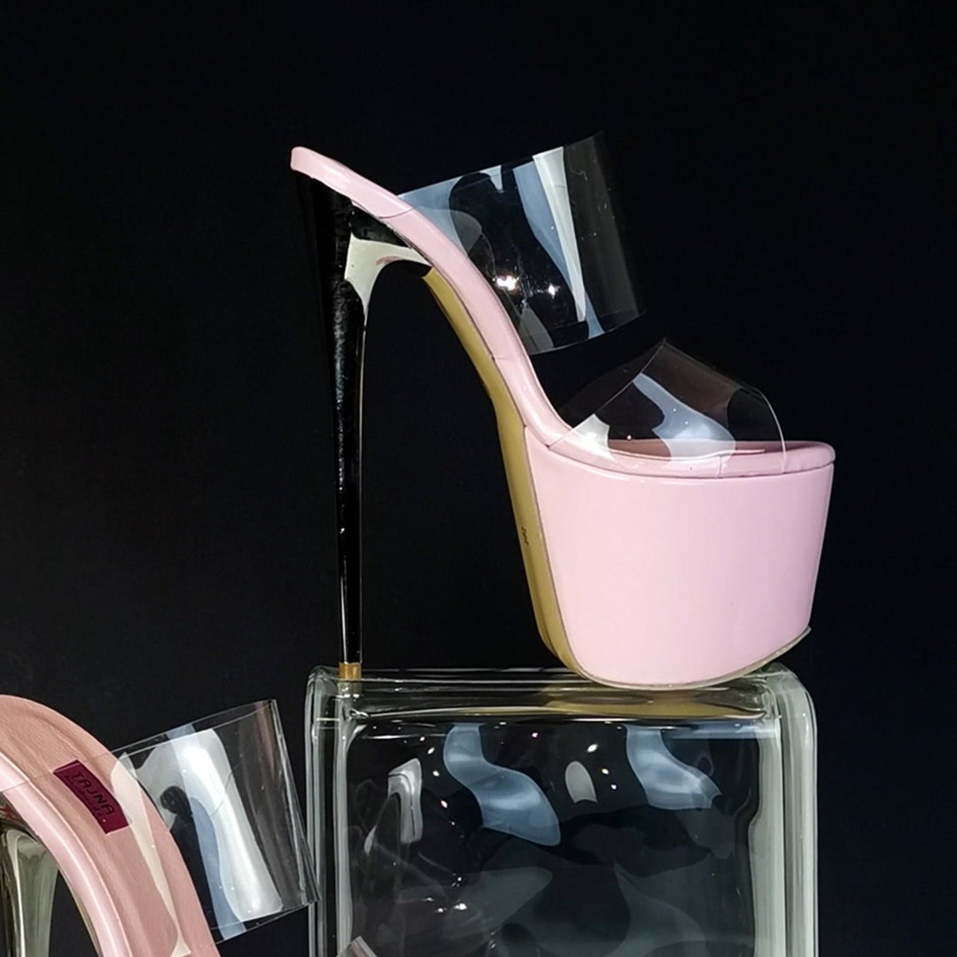 Pink Transparent Strap High Heel Mules - Tajna Club