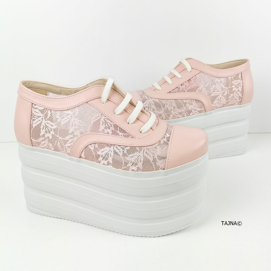 Light Pink Lace Up Flatform Wedges - Tajna Club