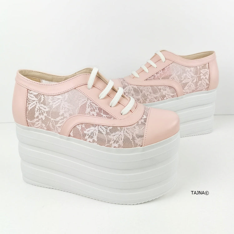 Light Pink Lace Up Flatform Wedges - Tajna Club
