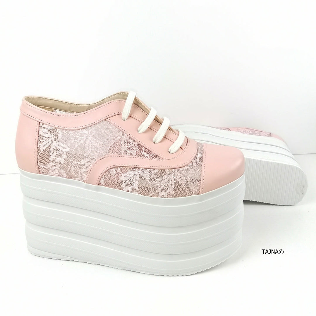 Light Pink Lace Up Flatform Wedges - Tajna Club