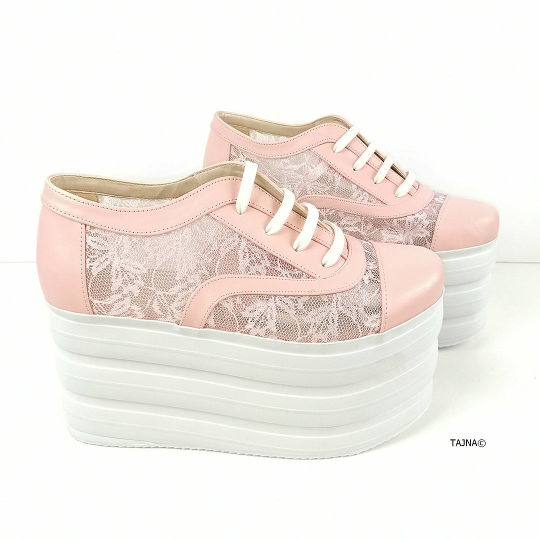 Light Pink Lace Up Flatform Wedges - Tajna Club