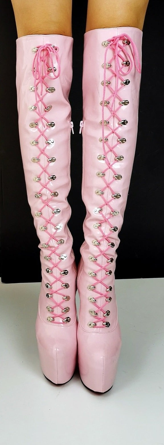 Light Pink Patent Military Style Lace Up Boots - Tajna Club