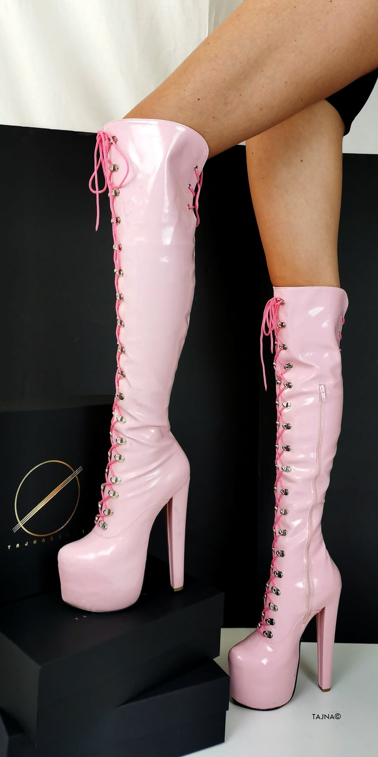 Light Pink Patent Military Style Lace Up Boots - Tajna Club
