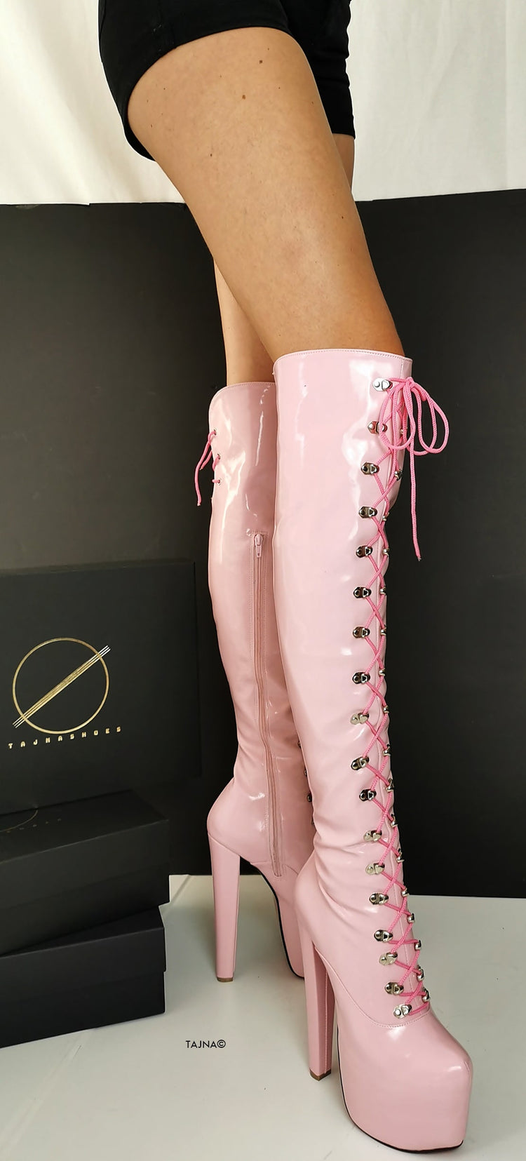 Light Pink Patent Military Style Lace Up Boots - Tajna Club
