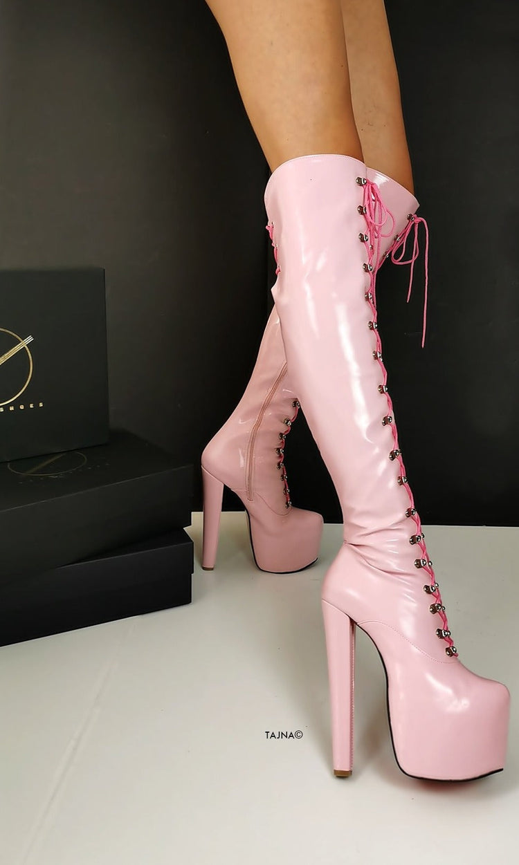 Light Pink Patent Military Style Lace Up Boots - Tajna Club