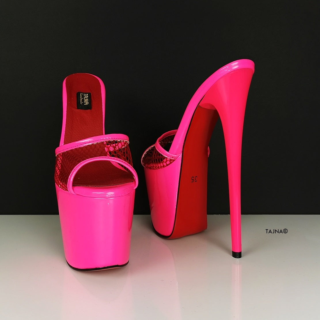Neon Pink Fishnet High Heel Mules - Tajna Club