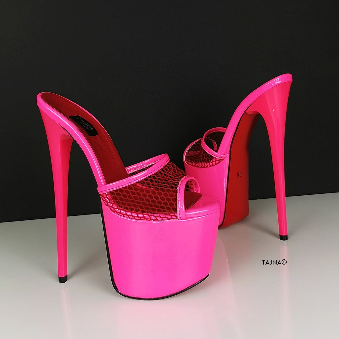 Neon Pink Fishnet High Heel Mules - Tajna Club