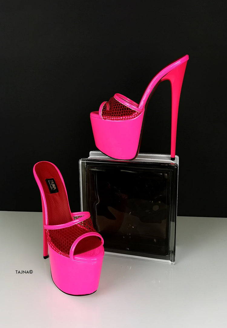 Neon Pink Fishnet High Heel Mules - Tajna Club