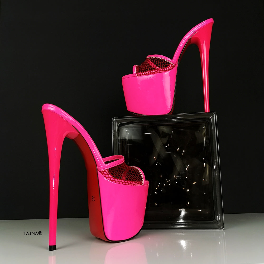 Neon Pink Fishnet High Heel Mules - Tajna Club