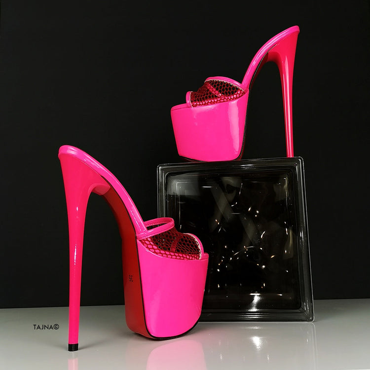 Neon Pink Fishnet High Heel Mules - Tajna Club