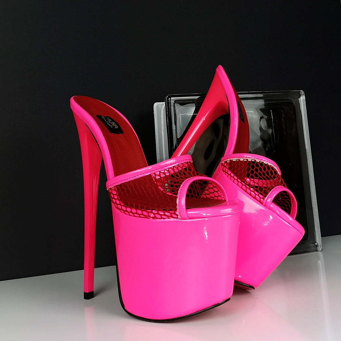 Neon Pink Fishnet High Heel Mules - Tajna Club