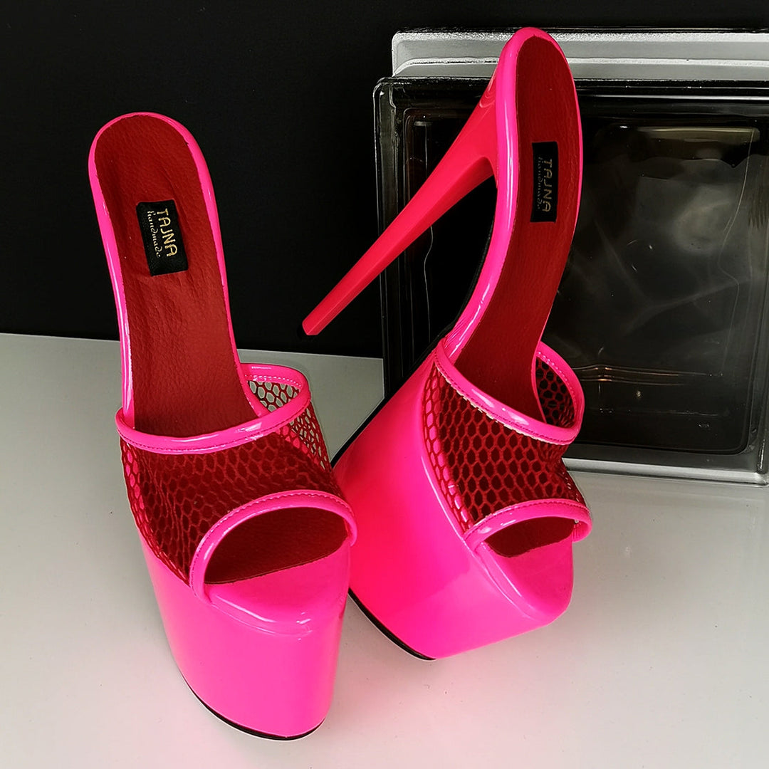 Neon Pink Fishnet High Heel Mules - Tajna Club