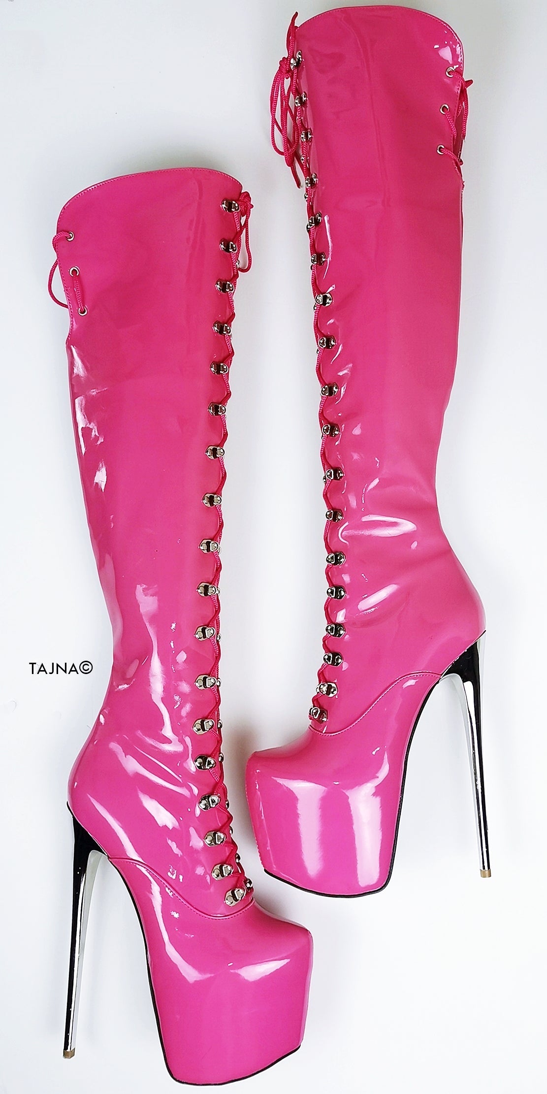 Doll Pink Patent Military Style Over Knee Boots - Tajna Club