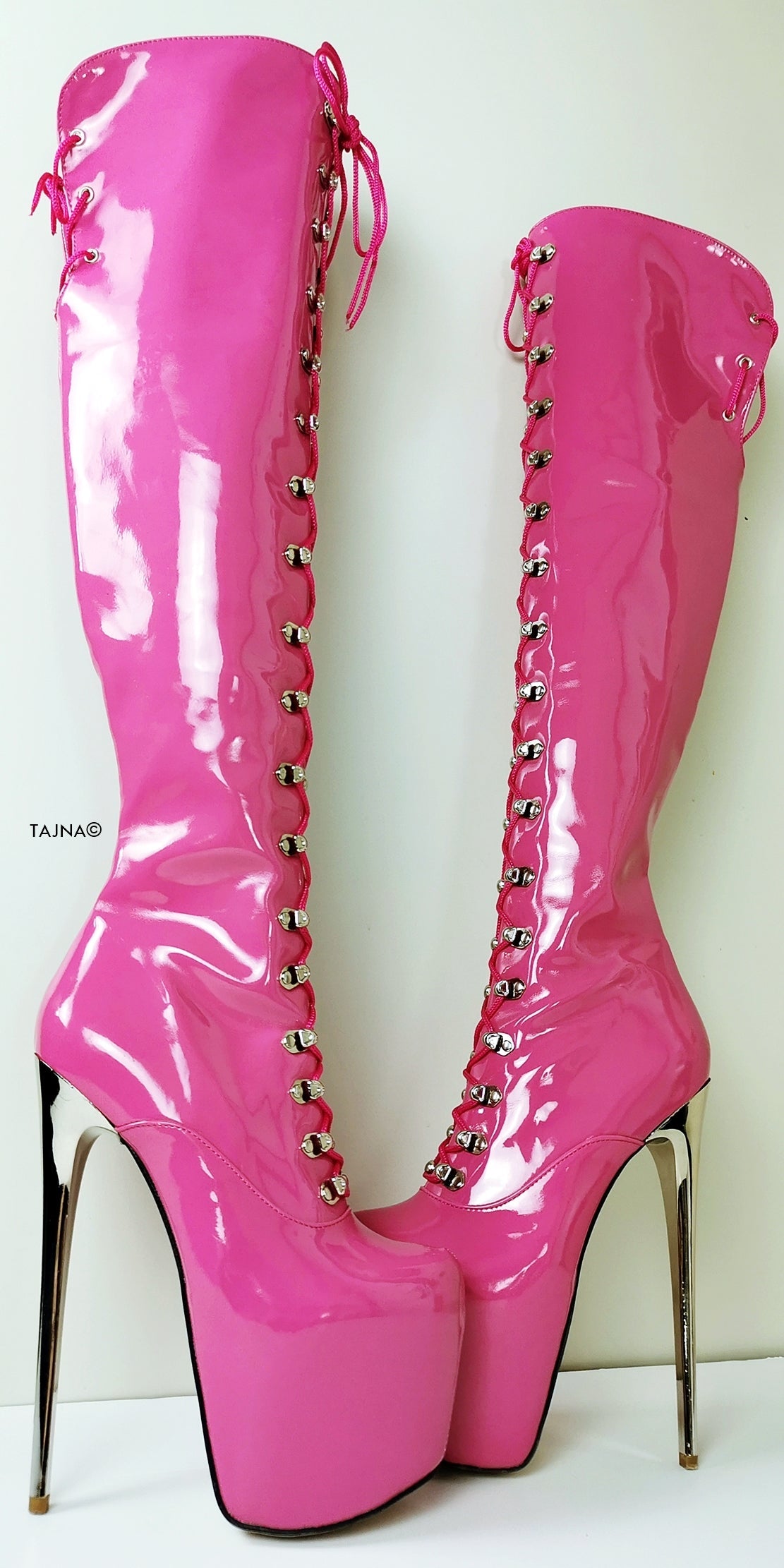 Doll Pink Patent Military Style Over Knee Boots - Tajna Club