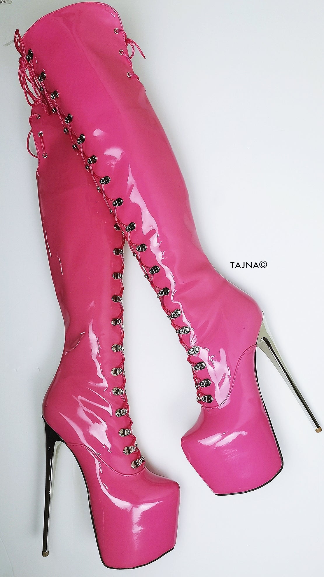 Doll Pink Patent Military Style Over Knee Boots - Tajna Club