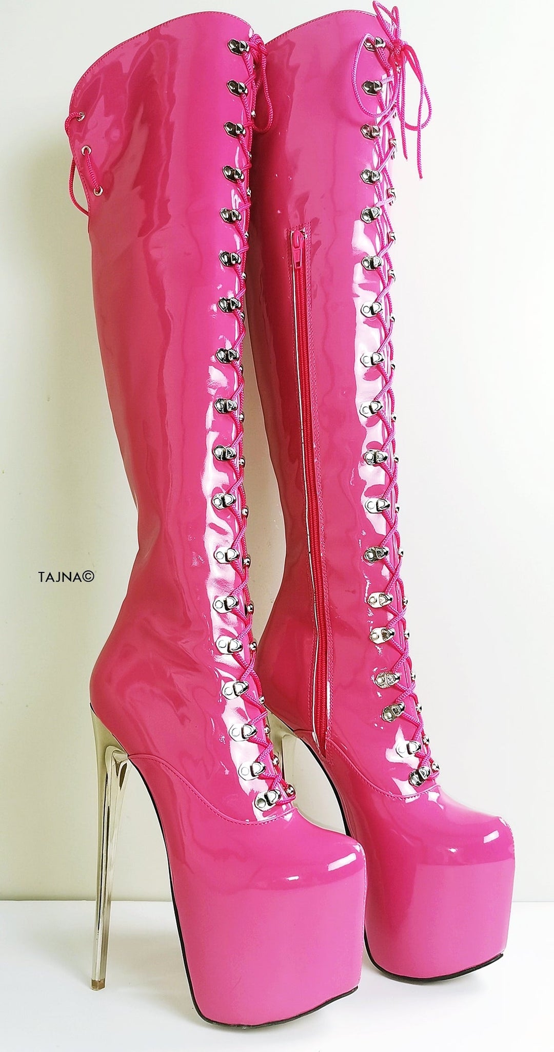 Doll Pink Patent Military Style Over Knee Boots - Tajna Club