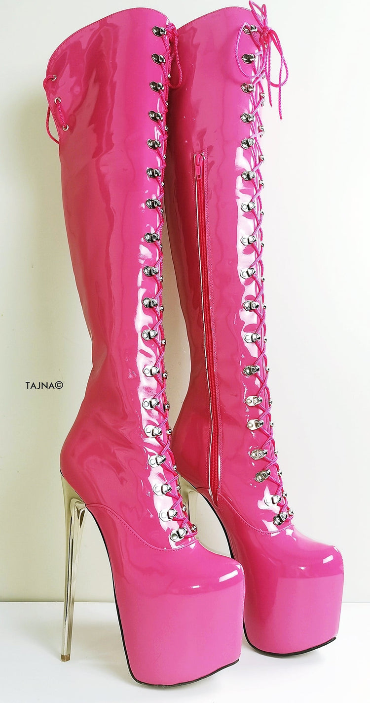 Doll Pink Patent Military Style Over Knee Boots - Tajna Club