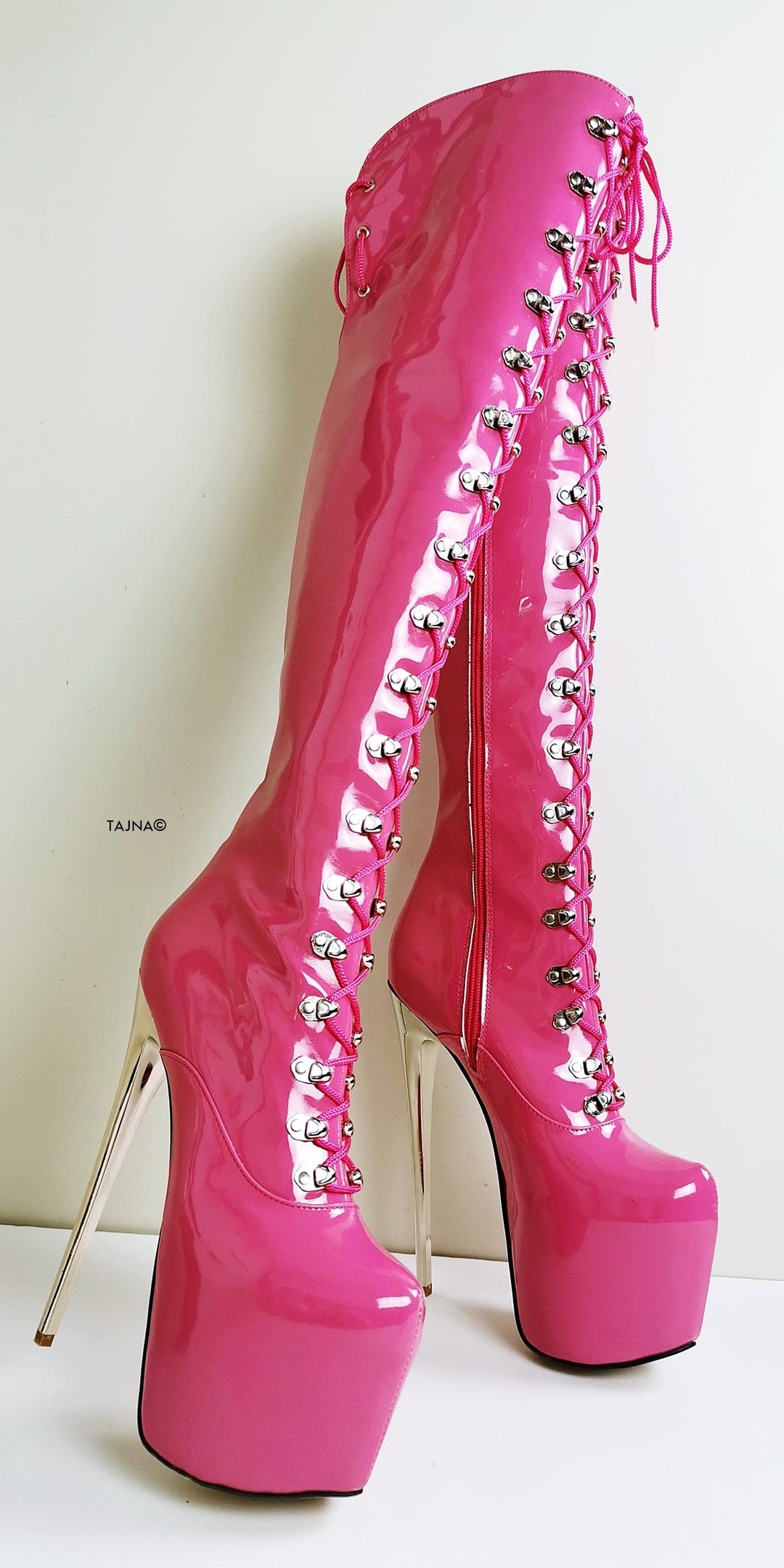 Doll Pink Patent Military Style Over Knee Boots - Tajna Club