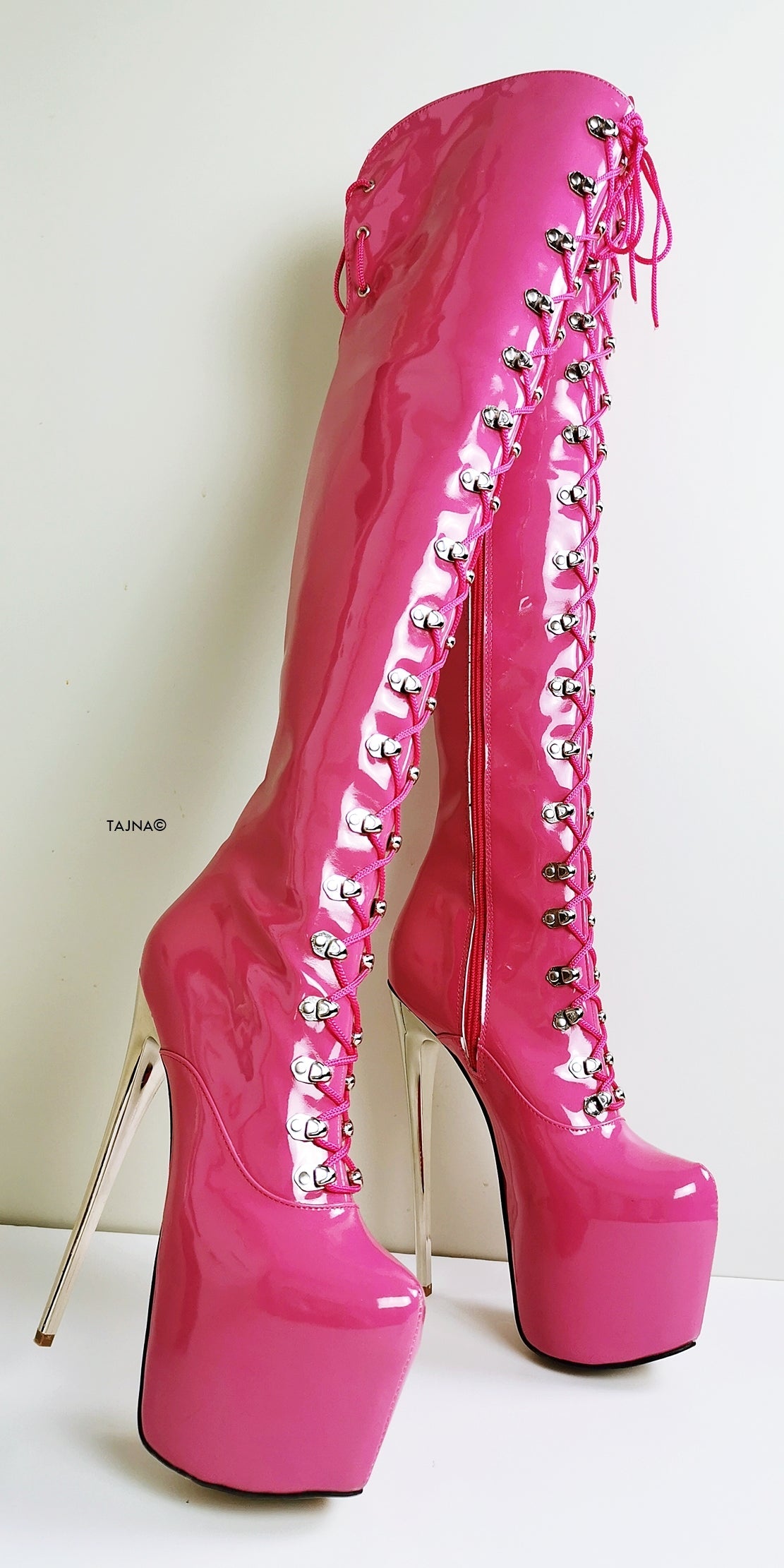 Doll Pink Patent Military Style Over Knee Boots - Tajna Club