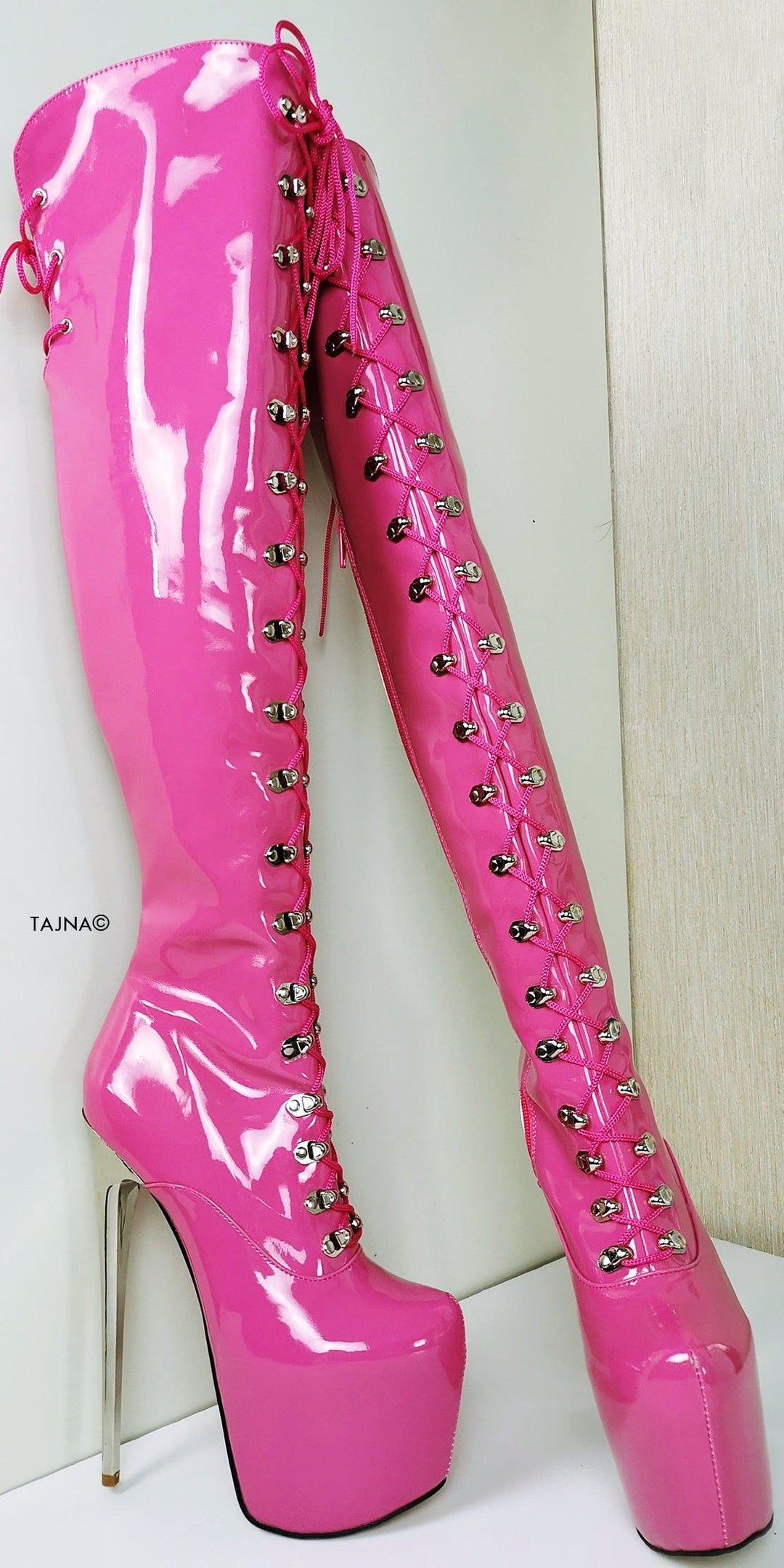 Doll Pink Patent Military Style Over Knee Boots - Tajna Club