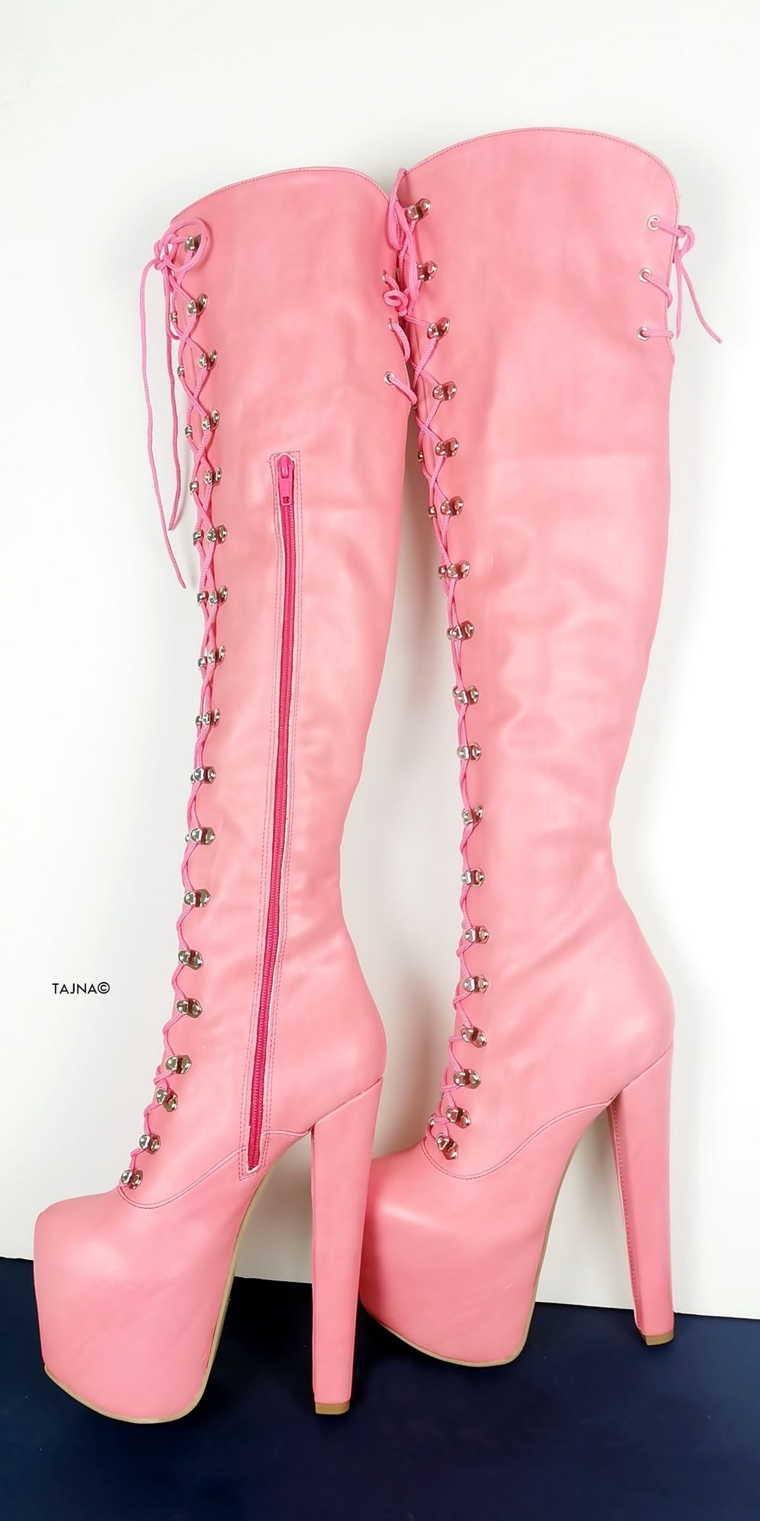 Pink Strech Over Knee Military High Heel Boots - Tajna Club