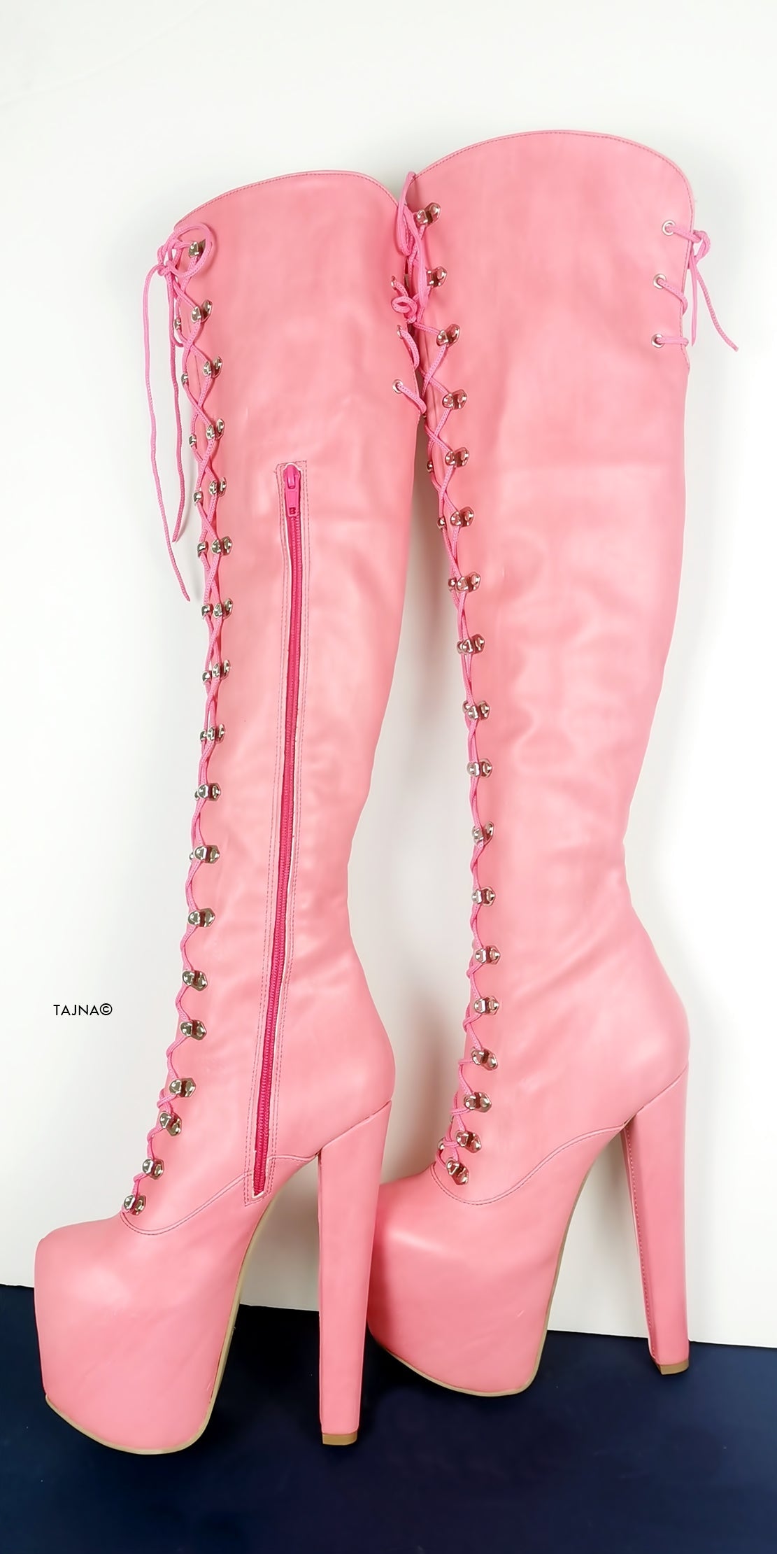 Pink Strech Over Knee Military High Heel Boots - Tajna Club